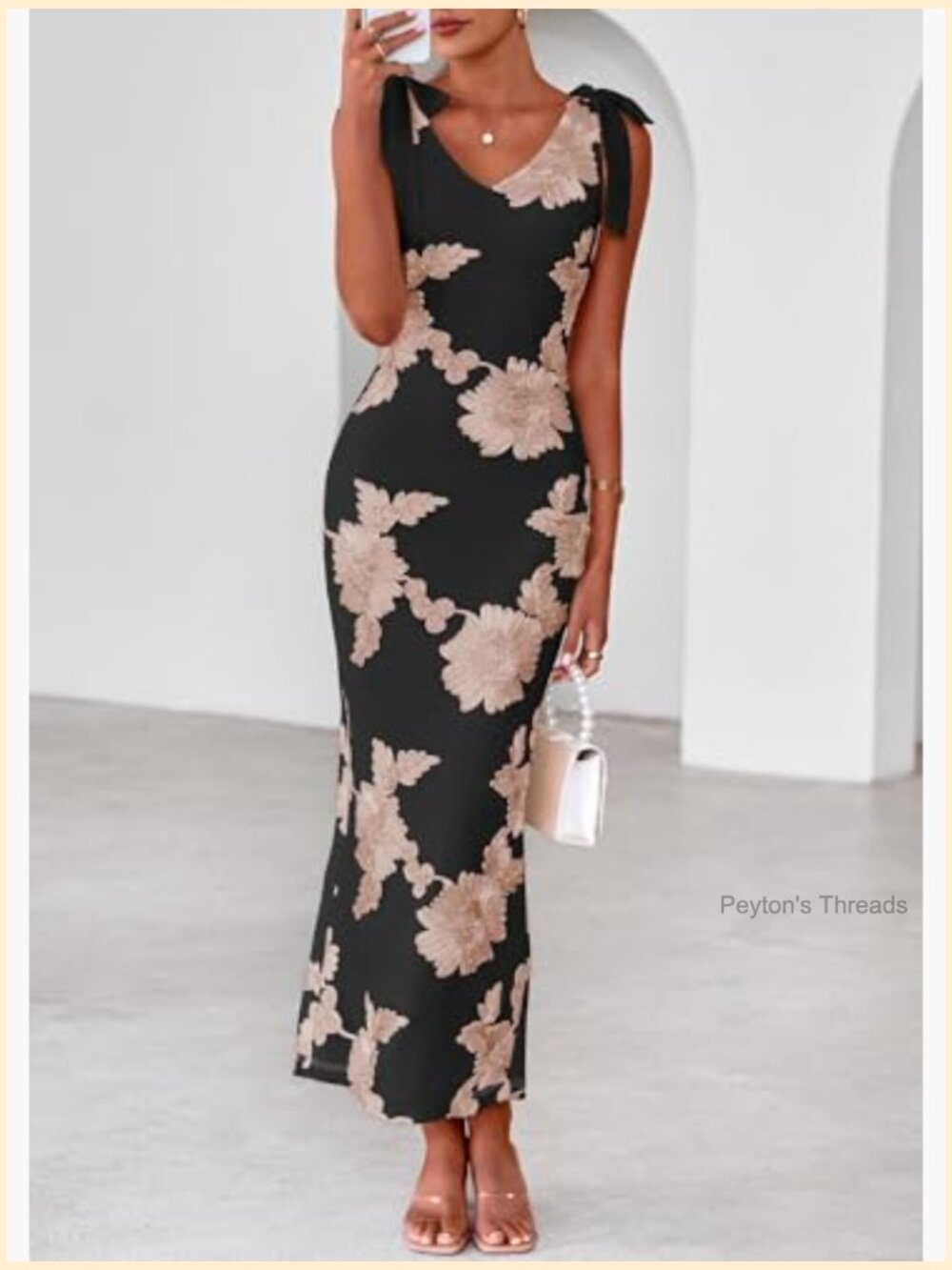 Floral Embroidered Maxi Dress Sleeveless V Neck Tie Strap Mesh Cocktail Dress - Picture 4 of 7